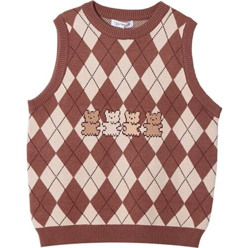 College Style Rhombus Knitted Vest Womens Spring And Autumn Outer Wear Vests And Short Sweater Waistcoats