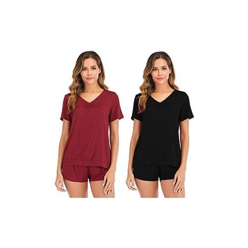 Womens Pajamas Homewear Summer New Simple Sexy Short-Sleeved Two-Piece Set Modal Classic Leisure Tops Ruched V-Neck Short Pants