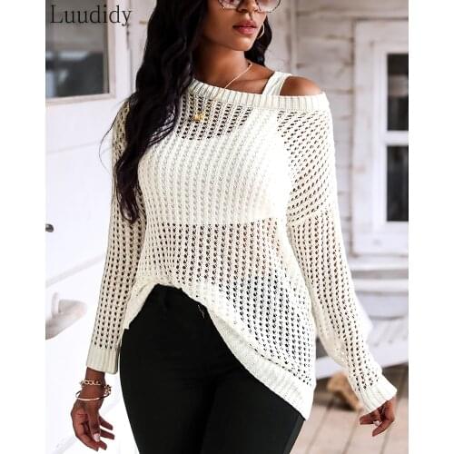 Women Solid Long Sleeve Hollow Out Sweater