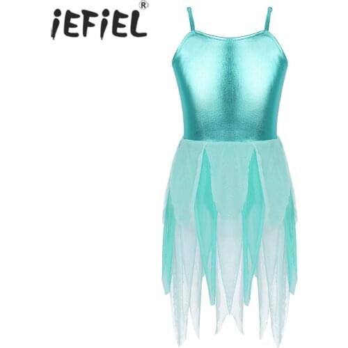 IEFiEL Kids Girls Ballerina Lyrical Dance Costumes Shiny Metallic Tiered Tulle Ballet Lyrical Contemporary Dance Leotard Dress