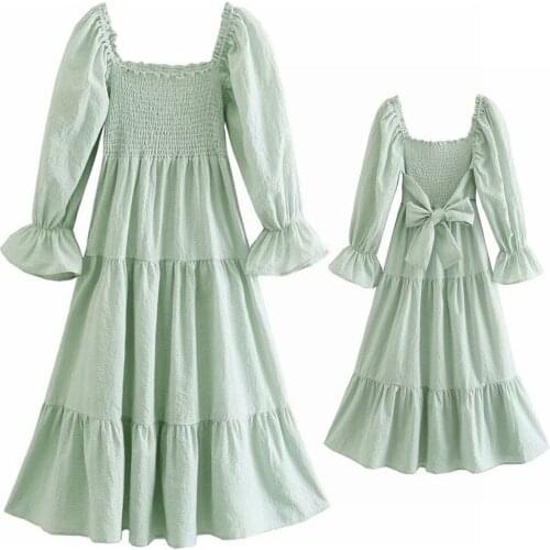 2021 Fashion Womens Green Plaid Print Summer Dress Za Vintage Puff Short Sleeve Back Bow Ladies Midi Dress High Quality