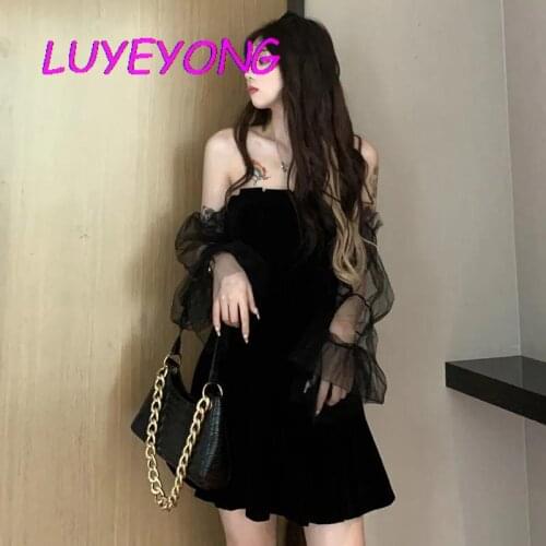 Lady Mesh Splice Flare Sleeve Strapless Dresses Party Empire Streetwear Women Black Gothic Elegant Velvet Mini Dress 2021 Summer