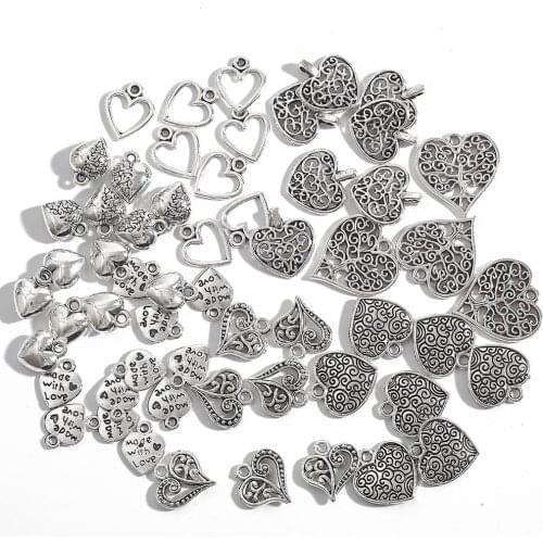 10-50Pcs Mix Heart Style Alloy Tibetan Ancient Silver Plated Charms Pendant Classic For Jewelry Findings Earrings Making Supply