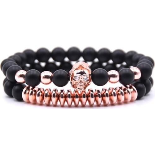 2018 couple bracelets 8mm natural lucky black stone bracelet CZ skull bracelet for men women jewellry gifts