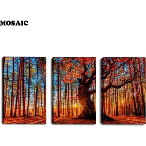 3pcs 3D Diamond Painting Cross Stitch Red Forest Woods Sunset Nature Picture Rhinestones Needlework Diamond Embroidery decor