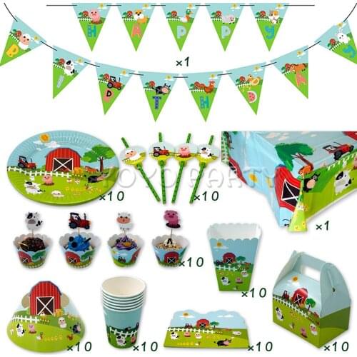 92pcs For 10 Kids Farm Animals Pig Cow Theme Birthday Party Supplies Tableware Set Plate Cup Straw Banner Tablecloth Etc