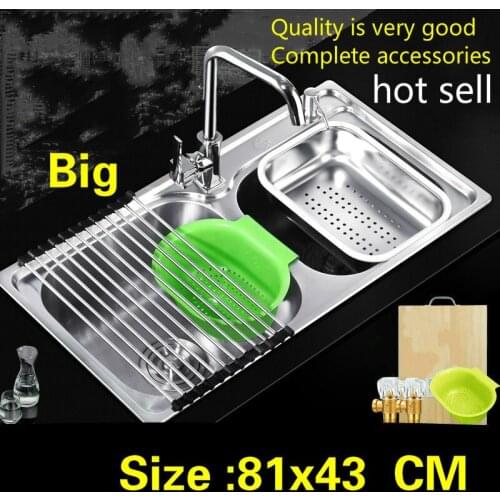 Free shipping Luxury high capacity wash vegetables kitchen double groove sink 304 stainless steel 81x43 CM