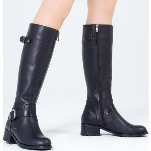 Callizio Women Genuine Leather Boots Knee High Medium Square Heels Comfortable Designer Luxury Handmade Female Zipper Ankle Buckle Strap New Season Black Brown Lady Female Rubber Sole Shoes for Woman 2021 Footwear
