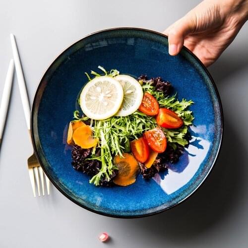 EECAMAIL European kiln Blue Underglaze Color 9-inch Ceramic Soup Plate Fruit Salad Plate Creative Western Dish Deep Dish