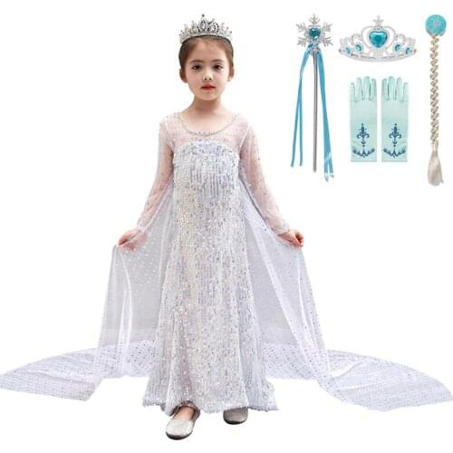 Elsa Tulle Dress Girls Princess Carnival Party Sequins Halloween Cosplay Children Snow Queen Vestido Clothing With Long Cloak