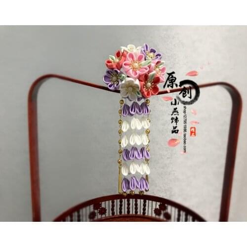Purple Sakura Tsumami Zaiku Kanzashi HairPin Stick Kimono Hair Stick Hair Accessories Japanese Cute Flower Headdress Cosplay