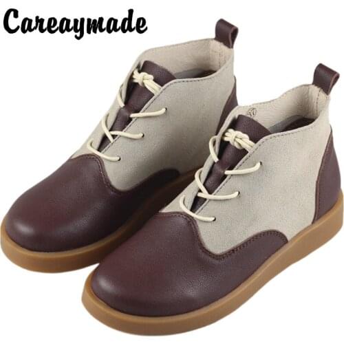 Careaymade-First layer leather soft leather short boots womens flat bottomed retro style Japanese style handmade Boots
