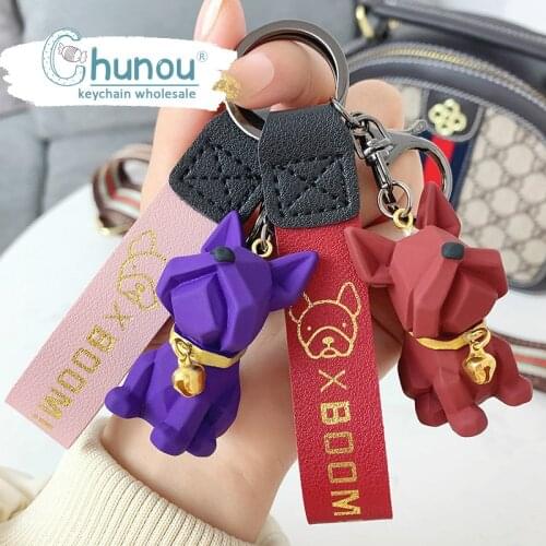 Creative Geometric Bulldog Keychain Cute Bells Dog Keychains for Women Bag Pendant Jewelry Trinket Mens Car Key Ring Key Chain