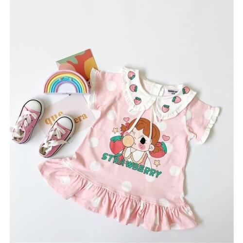 Tonytaobaby Summer Cute Pink Polka Dot Strawberry Collar Cotton Dress Summer Girls' Childrens Clothing