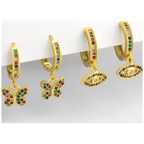 Butterfly evil eye multicolor Brass micro pave cz zircon cubic zirconia drop Hoop Earrings copper gold plated crystal studs