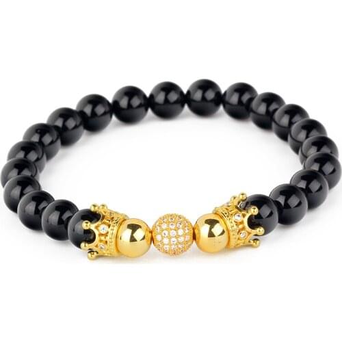 Fashion Natural Black Onyx Matte Stone Beads Double Crown Cz Ball Elastic Bracelets Jewelry For Men Women Pulseras Mujer Bijoux