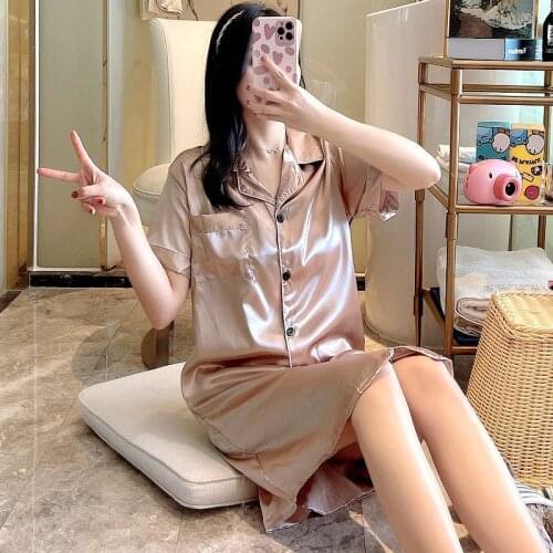 2021 Summer Satin Silk Pajamas Dress Short Sleeve Turn-down Collar Sleepwear Dress Nightgowns Home Wear Girls Sleep Lounge