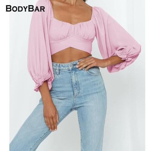 New Arrivals Sexy U-neck Long Sleeve T-shirt Lantern Long Sleeve Ladies Crop Top Pure Color Pleated Elegant T Shirts For Female