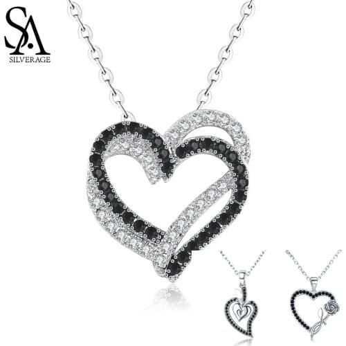 SA SILVERAGE Real 925 Sterling Silver Double/Three Heart Black White Zircon Pendant Necklace Rose Heart Chain Link Chokers