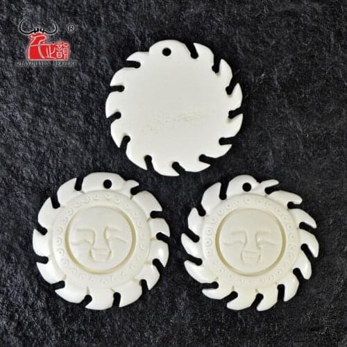 Tribal worship totem 3PCS Handmade Carved Yak Bone Sun Pendant Tibet Style Bone white Beads DIY Jewelry Accessory 34mm