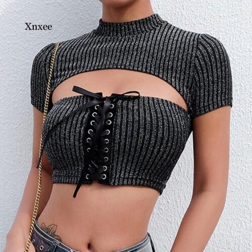 Y2K Harajuku Vintage Summer Womens T-Shirt Lace Up Wrapped Strap Cutout Bright Silk Short Sleeve Crop Top Chemise Femme Tank