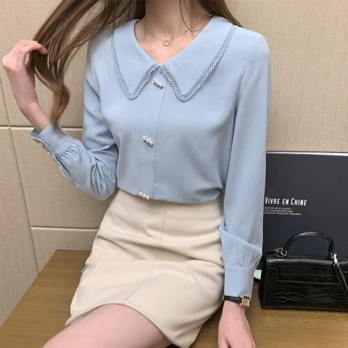 T-shirts Women Pearl Beading Long Sleeve 2021 New Spring Summer Autumn Women Casual Blouse Chiffon French Lace C2376