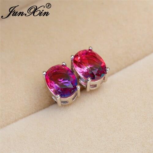 Charm Rose Red Blue Stone Mystic Rainbow Fire Crystal Double Earring White Gold Colorful Zircon Oval Stud Earrings For Women Cz