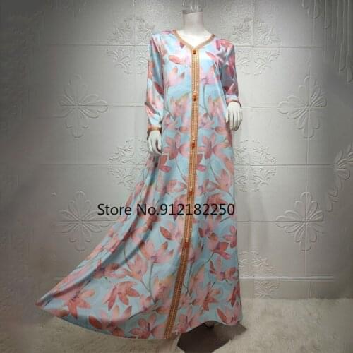 Womens Long Muslim Dress Turkey Dubai Fashion Abayas Printed Floral Boho Robe Moroccan Oriental Dress Jelaba Femme Musulman