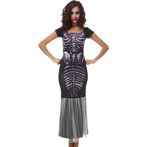 Women Halloween Long Dress Skeleton Witch Fishtail Long Skirt Witch Dress Skeleton Jumpsuit Cosplay Costume Carnival Party