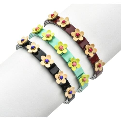 ZMZY Luxury Brand Boho Bracelet & Bangles Enamel Flower Charm Bracelet Stretch Tile Beads Bracelets For Women Diy Jewelry Gifts