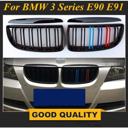 1 Pair Gloss Black M Color Front Kidney Grille Grill Double Slat For BMW E90 E91 3 Series 2004 2005 2006 2007