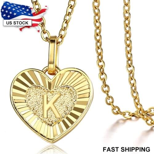 2mm Heart Shaped Pendant Necklace for Women Initial A Z Letter Gold Color Stainless Steel Rolo Cable Link Chain 18inch LGP419