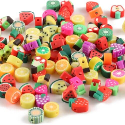 50pcs 10mm Fruit Animal Printing Beads Polymer Clay Beads Mixed Color Polymer Clay Spacer Beads for Jewelry Making DIY Bracelet