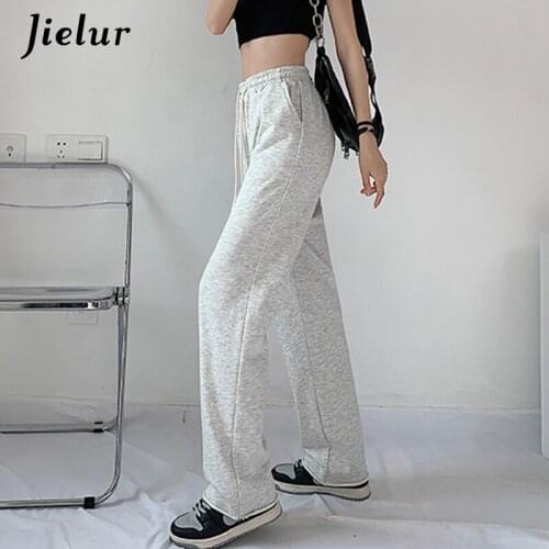 Jielur Pure Color Wide Leg Womens Pants Fashion Young High Waist Summer Trousers Straight Sweatpants Female Pants White S-XL