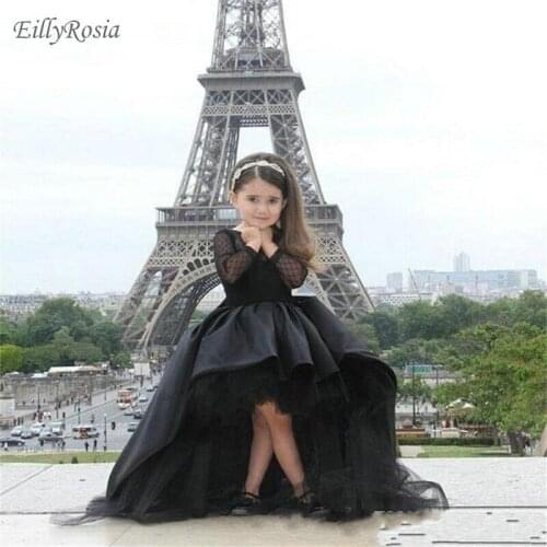 Black High Low Girls Pageant Dresses Evening Ball Gown Short Front Long Back Tulle Satin Lace Long Sleeves Kids Evening Gowns
