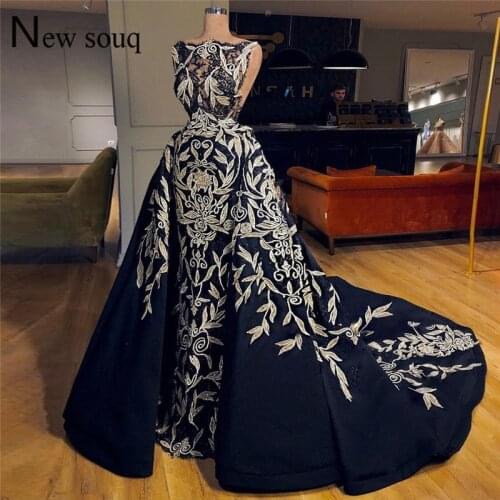 Applique Long Prom Dresses Navy Blue Evening Gown Arabic Turkish Dubai Couture Formal Pageant Party Dress 2019 Abendkleider Gown