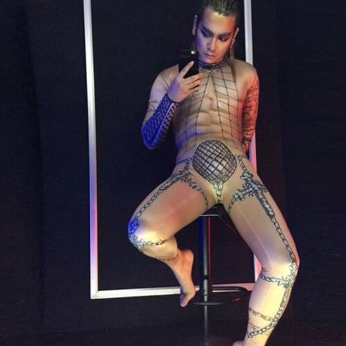 Stretch Legging Rhinestone Sexy Men Jumpsuit Nightclub Singer Dance Outfit Stage Costume One piece Skinny Rompers Hallowmas bar