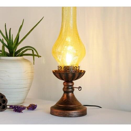 European vintage brown crackle glass Table Lamp Old-fashioned Kerosene lamp E27 LED iron lamp for bedside&foyer&table&bar LDK022
