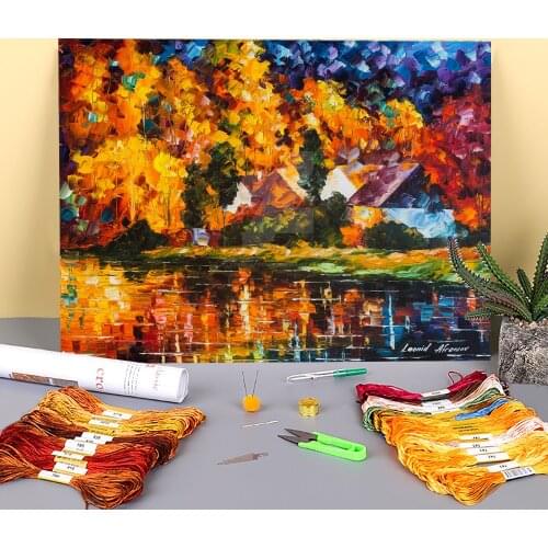 Houses By The Water Printed Canvas 11CT Cross Stitch Full Kit Embroidery DMC Threads Handicraft Needlework Handmade Needle