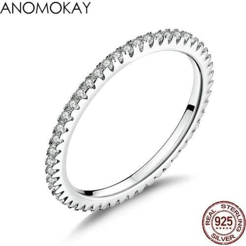 Anomokay 925 Sterling Silver Romantic Pink Crystal Rings for Women Simple Classic Ring S925 Silver Jewelry Ring for Wedding
