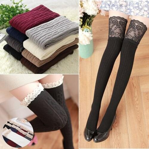 Knee High Stockings Sexy Lace Top Autumn Winter Warm Thigh High Women Female Tights Pantyhose Long Cotton Knitting Stockings