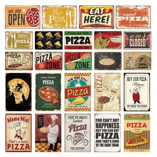 Pizza Art Metal Posters Fast Food Metal Sign Kitchen Decor Print Plaque Metal Vintage Tin Sign Wall Decor Bar Bistro Cafe Decor