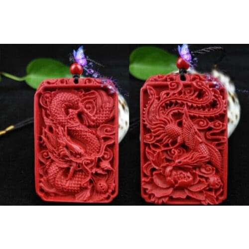 Fashion Chinese Natural Red Organic Cinnabar Dragon Phoenix Pendant Lucky Amulet Hot