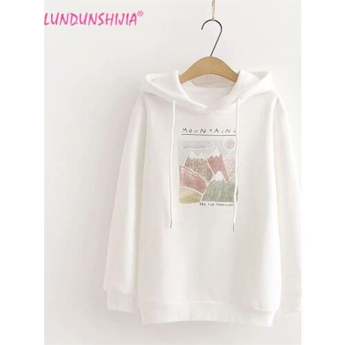 LUNDUNSHIJIA 2019 Autumn Winter Women White 100%Cotton Sweatshirt Small Mountain Printed Hoodies Plus Velvet Sweatshirt Jumper