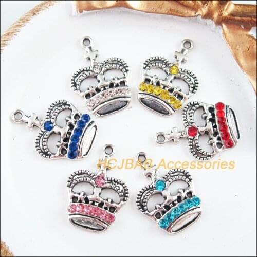 Fashion 6Pcs New Crown Charms Tibetan Silver Tone Retro Mixed Crystal Pendants 17x24mm