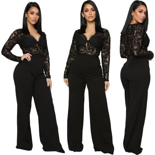 Sexy Long Sleeve Ruffled Jumpsuit For Women V-neck Elegant Hollow Out Womens Long Jumpsuits 2020 Summer Romper Casual Overalls