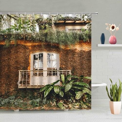 Retro Door Window Shower Curtain Green Leaves Flowers Plants Bathroom Decoration Screen Baths Curtains Washable With Hooks Set