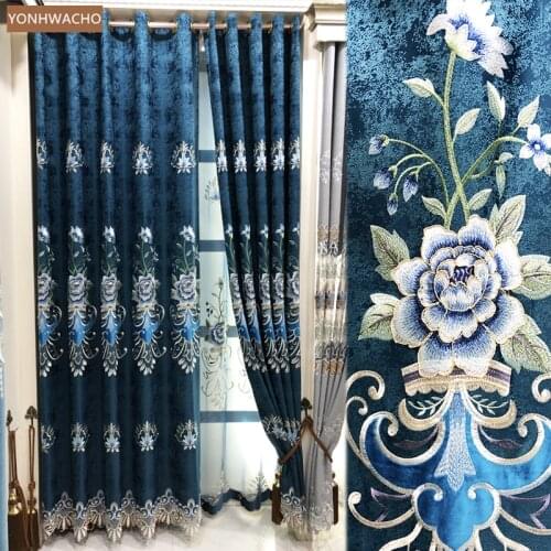 Custom curtain modern bedroom full shading chenille pastoral peony embroidered blue cloth blackout curtain tulle drapery C771