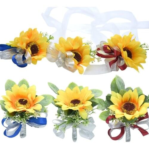Unisex Yellow Sunflowers Boutonniere For Party Wedding Cloth Decor Boutonniere Pin Bridal Wrist Corsage Bridesmaid Bracelet