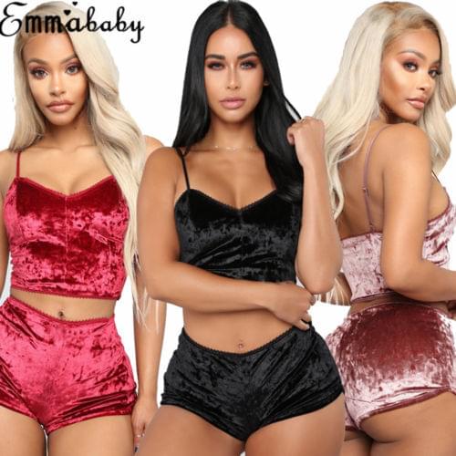 Hirigin Fashion Women Sexy Homewear 2PCS Lingerie Set Slim Solid Color Plush Sling Crop Top Short Elastic Band Pants Sleepwear